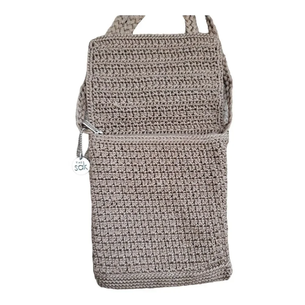 The Sak Taupe Macrame Mini Crossbody Purse W/ Flap & Zipper